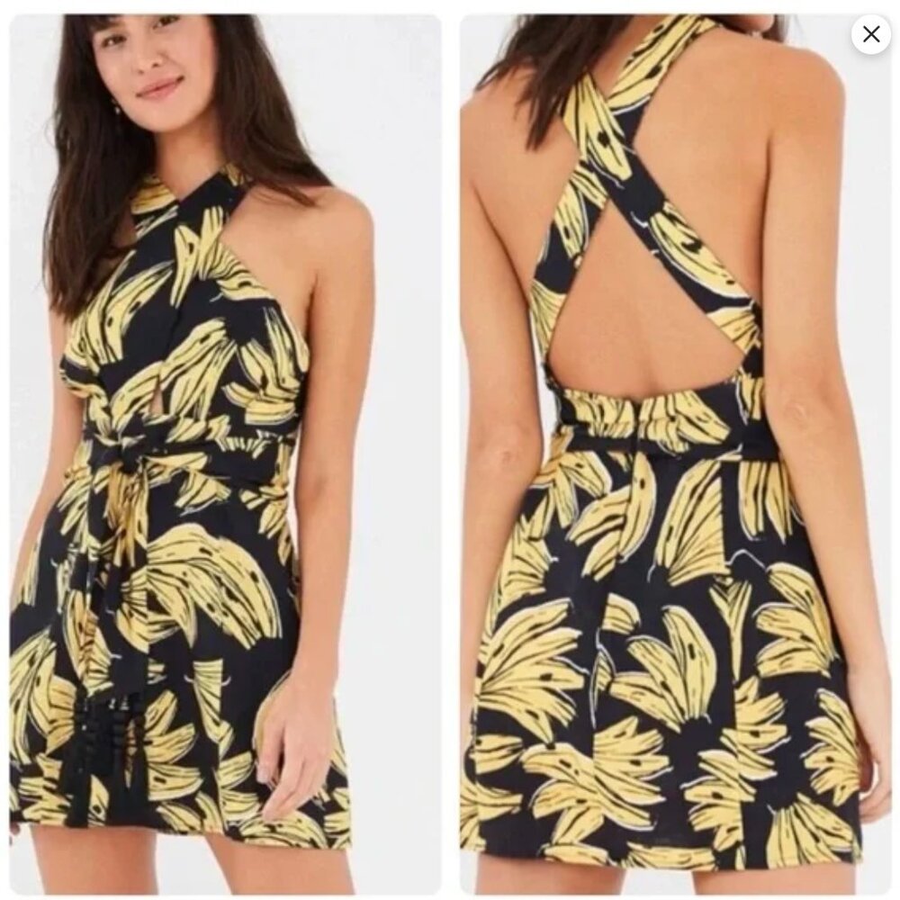Farm Rio Mini Linen Banana Dress Medium Black with Yellow Ripe Bananas